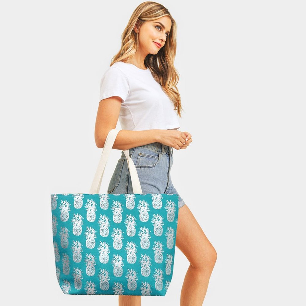 Metallic Pineapple Patterned Beach Tote Bag